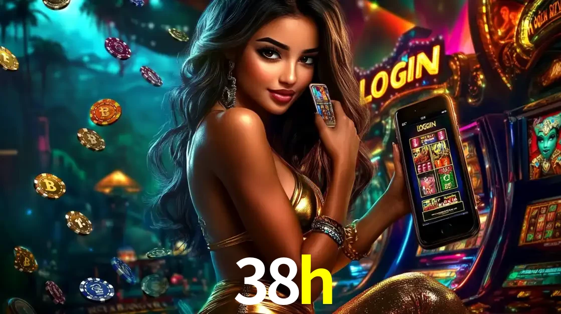 Mulher em um cenário de cassino temático de aventura, mostrando o app de caça-níqueis da 38h no celular. Fichas de apostas flutuam ao redor.